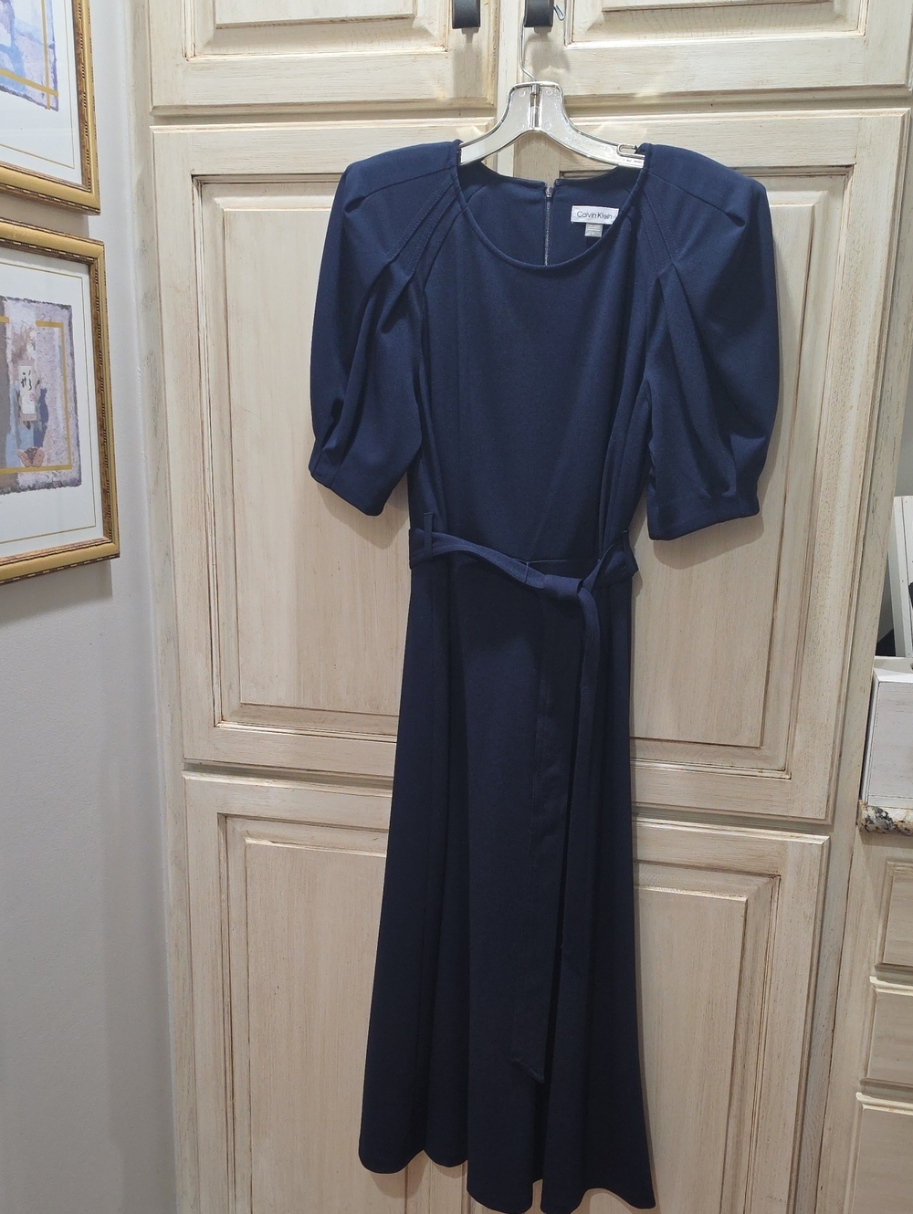 Calvin Klein Navy Midi Dress with Puff Sleeves and Waist Tie ~ Worn Once